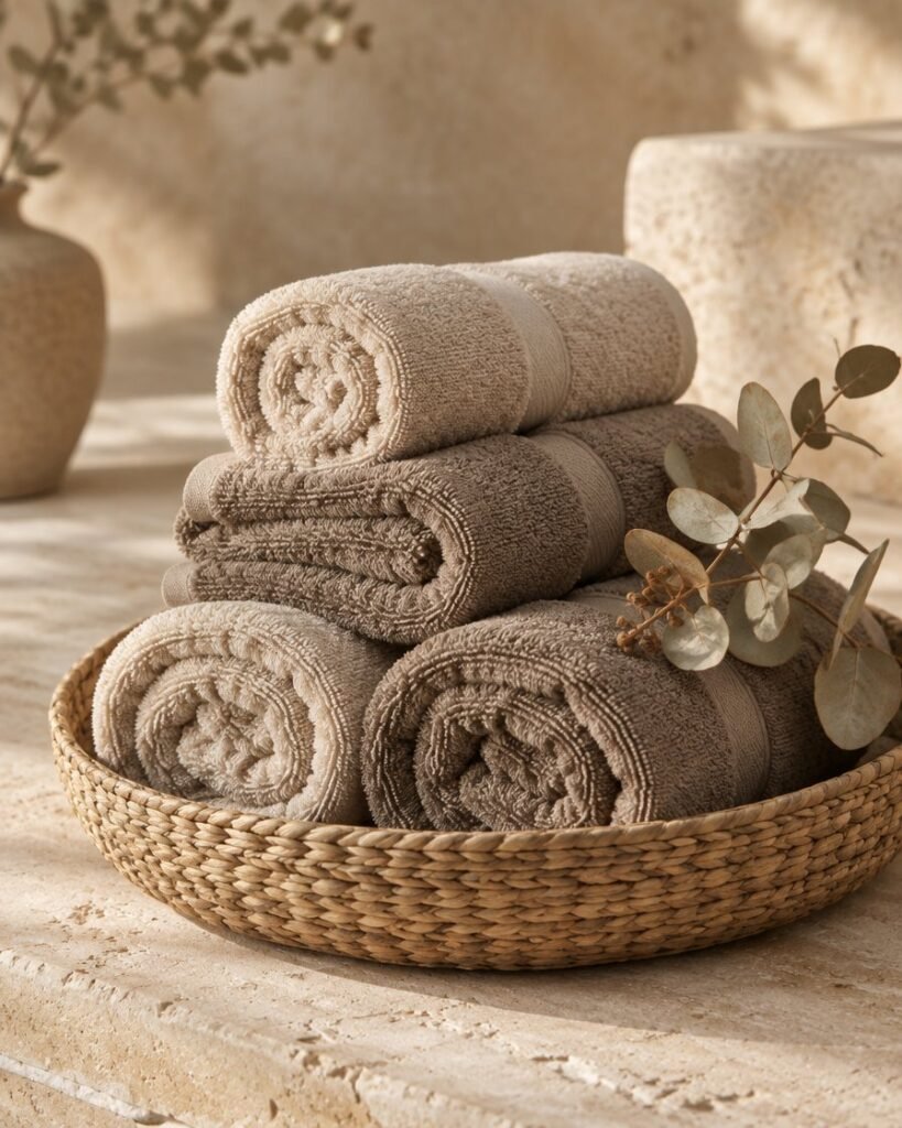 Bamboo and cotton towels in a basket