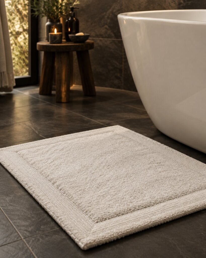 Terry bath mat on a slate floor