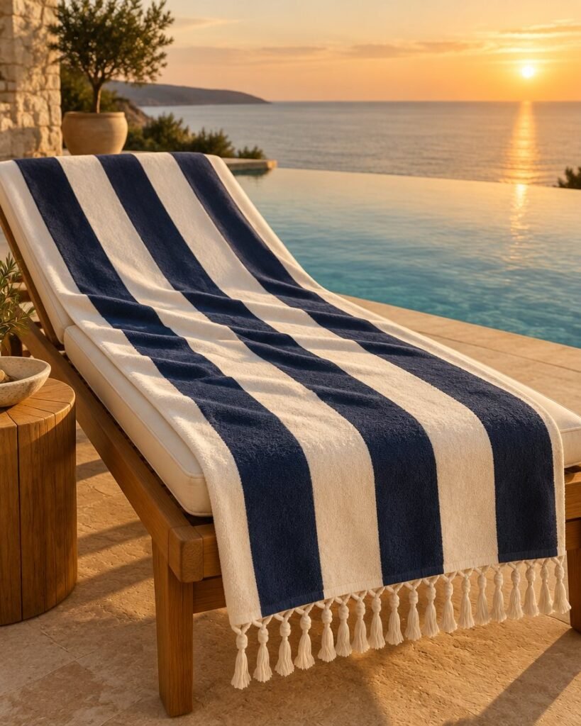 Striped fringed beach towel by a pool