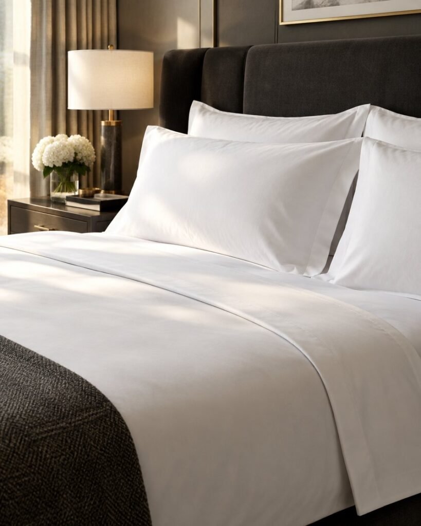 Hotel bed in white percale sheets