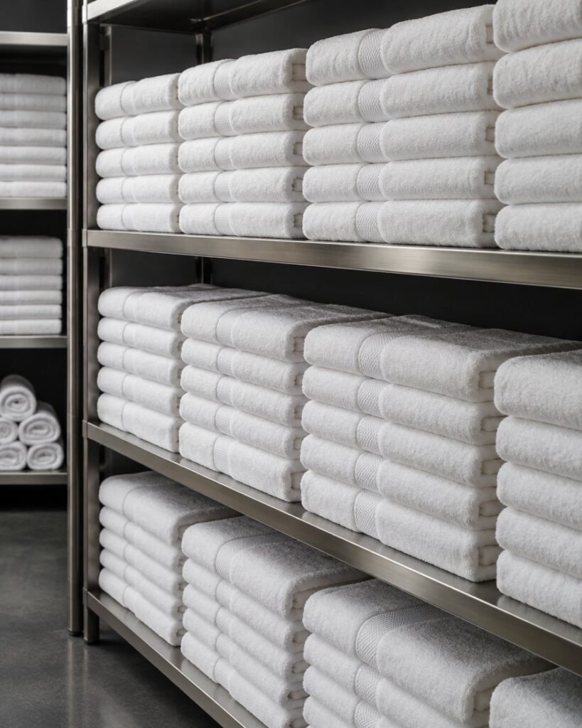 Hotel towels stacked in a linen room