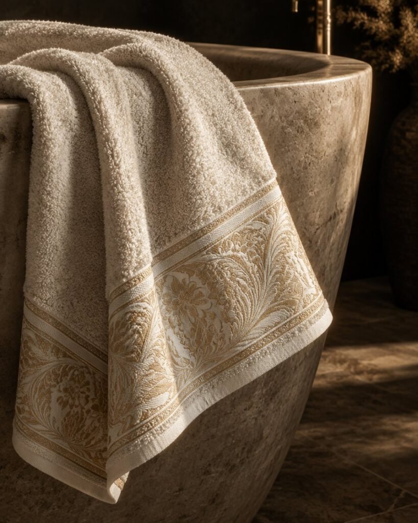 Jacquard border towel on a stone bath