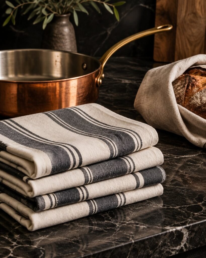 Striped kitchen towels on marble
