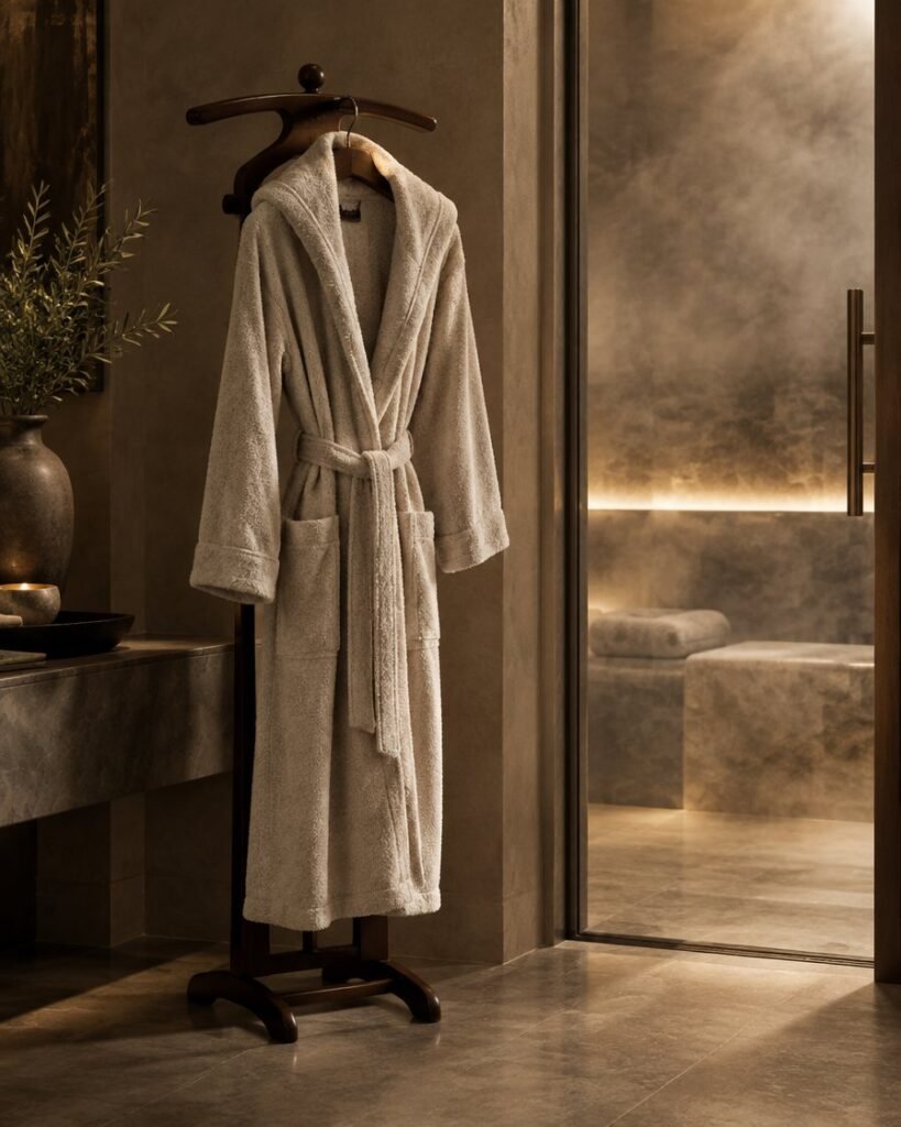 Hooded terry bathrobe on a valet stand