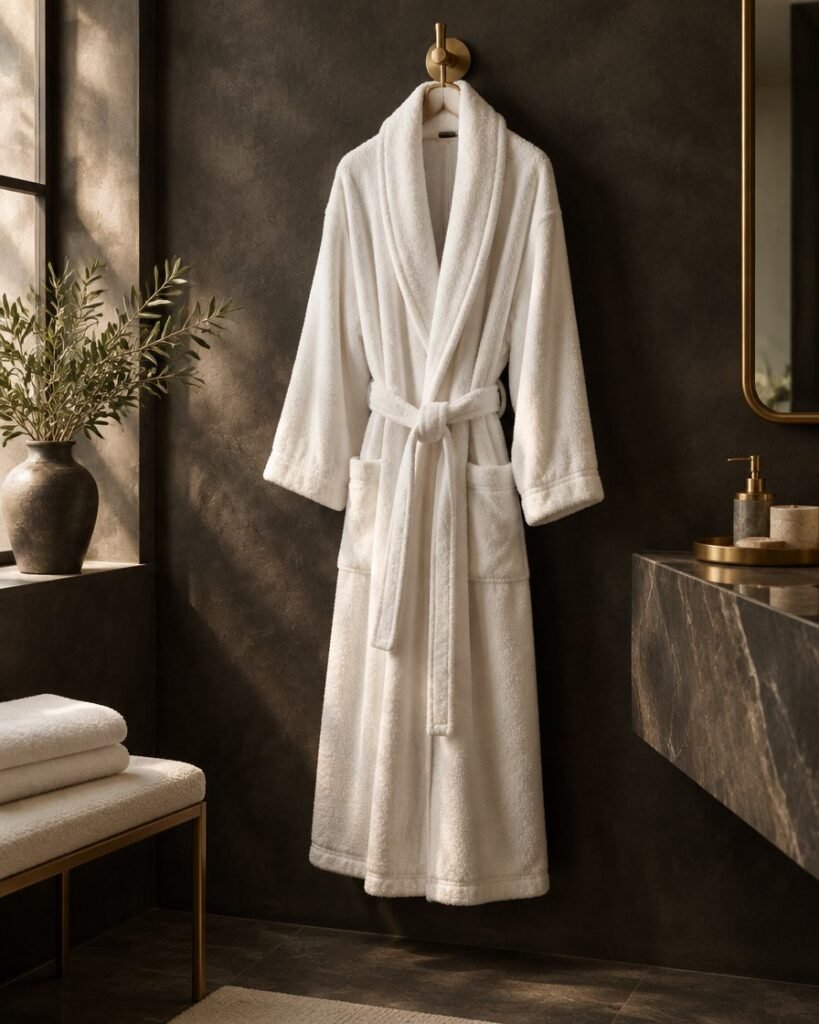 White shawl-collar terry bathrobe