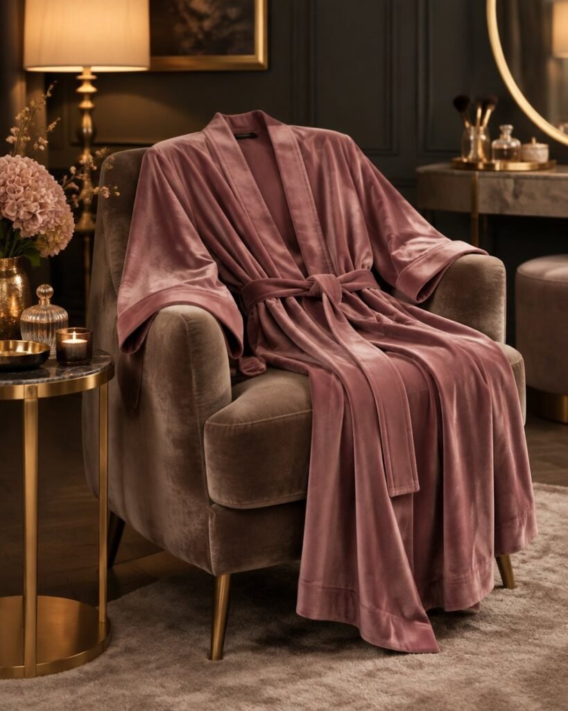 Velour kimono robe on an armchair