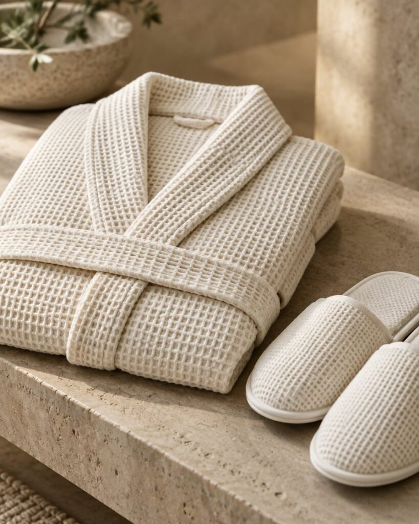 Waffle pique bathrobe with slippers