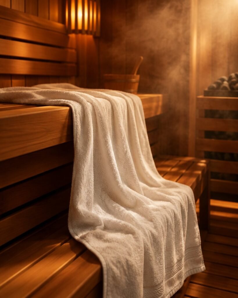 Sauna towel on a cedar bench