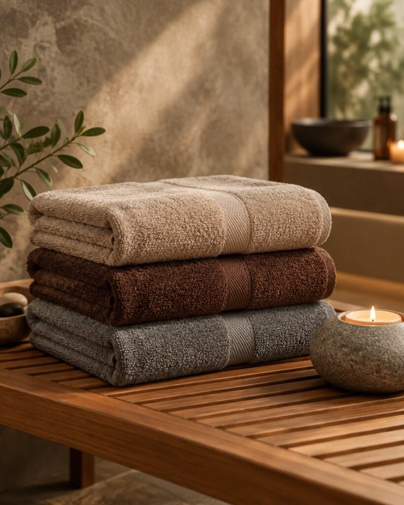 Spa towels in sand, walnut and grey