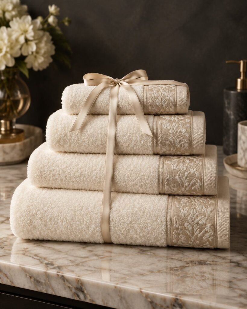 Ivory towel set with jacquard border