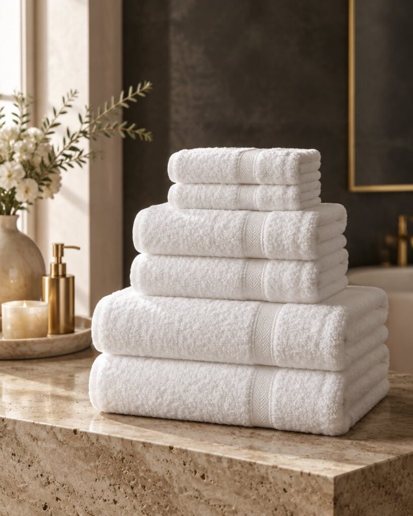 White terry towels stacked on travertine