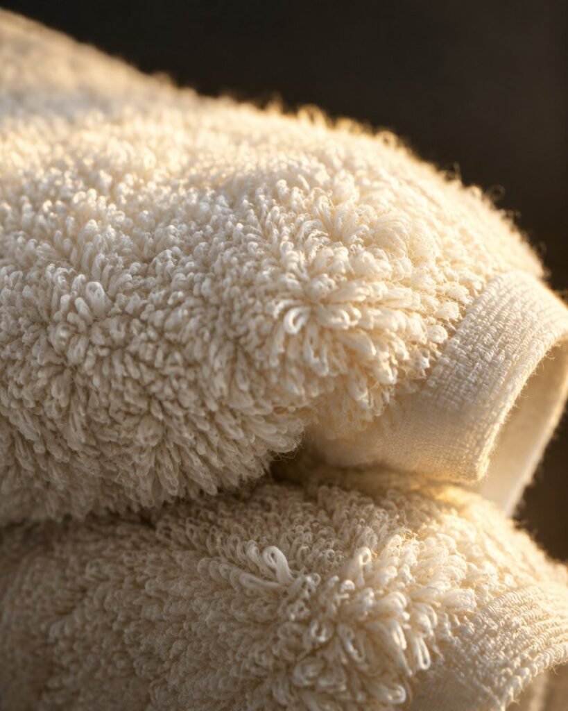 Zero-twist cotton towel pile, close-up