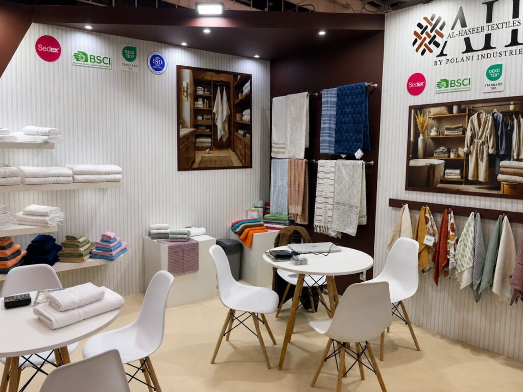 Towels, bathrobes and kitchen towels displayed on the Al Haseeb Textiles stand at Heimtextil 2025