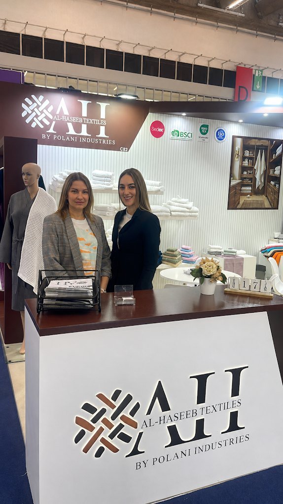 Reception desk of the Al Haseeb Textiles by Polani Industries stand, Heimtextil 2025